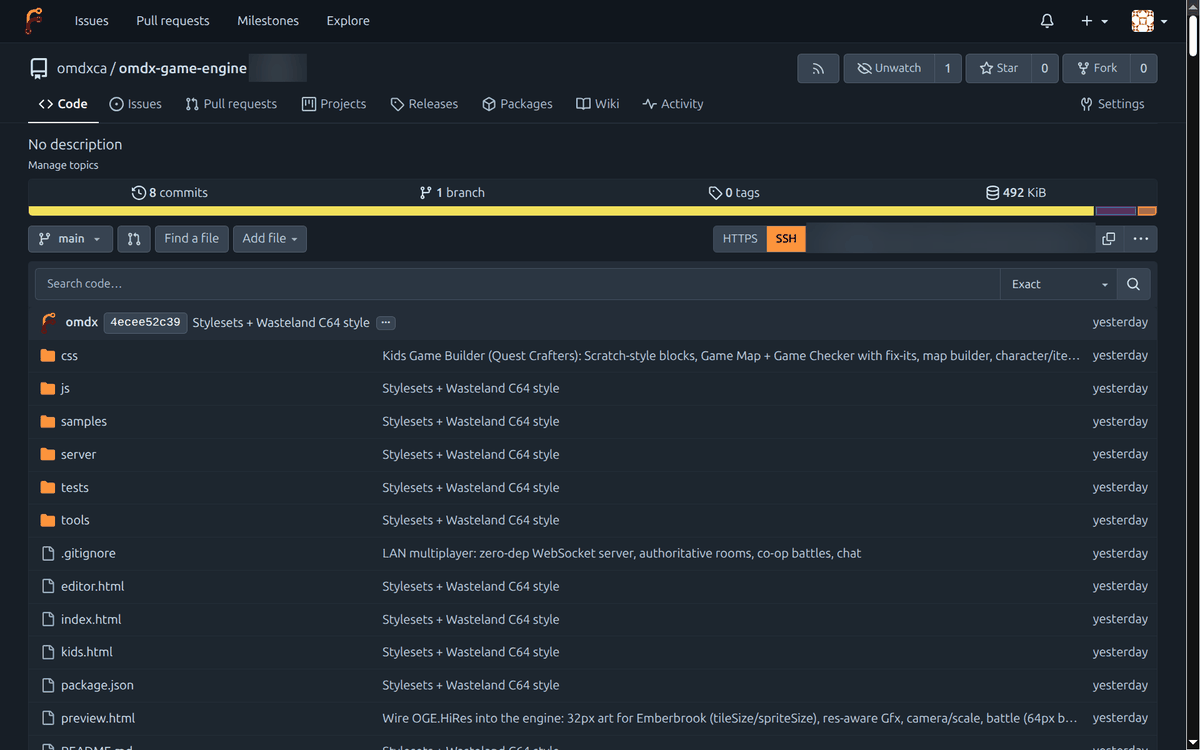 Forgejo code-hosting page for the omdx-game-engine repository, showing commits, branches and the file list.