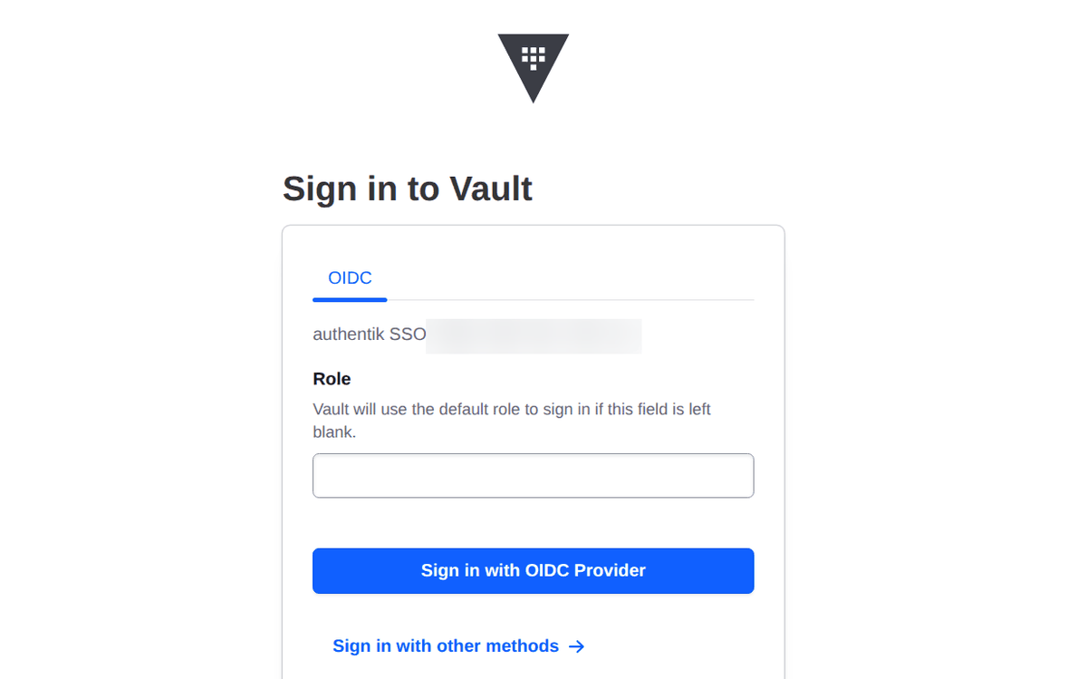 HashiCorp Vault sign-in page with single sign-on through authentik (OIDC).